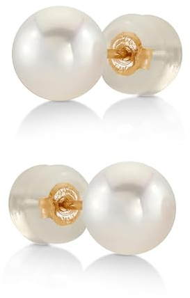 THE PEARL SOURCE Real Pearl Stud Earrings for Women, 14K Yellow Gold Genuine AAA Cultured Freshwater Pearls, Classic Round White Pearl Jewelry Gift for Women, Hypoallergenic Fine Jewelry, 6-6.5mm