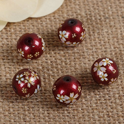 5 Japanese Tensha Glass Beads - 12mm - Burgundy with Cherry Blossom - J99881R