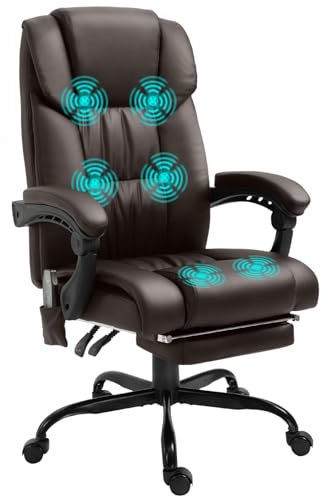 Vinsetto 6-Point Massage Office Chair, PU Leather Desk Chair with Adjustable Height and Footrest for Home Office, Brown