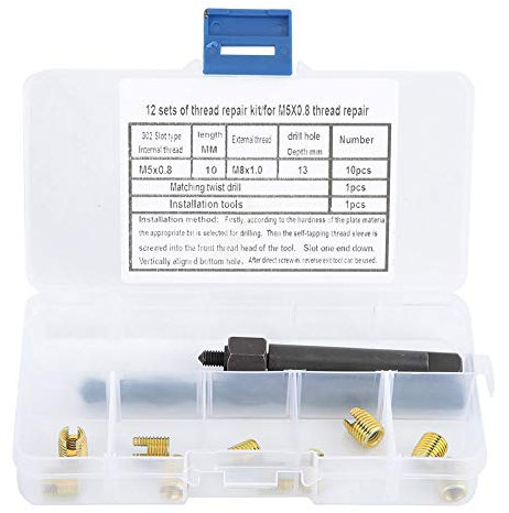 12PCS M5 x 0.8 Kit de réparation de filetage, inserts filetés autotaraudeurs en acier au carbone, ensemble d'outils, inserts filetés, foret, vis, robinet, ensemble avec boîte de rangement