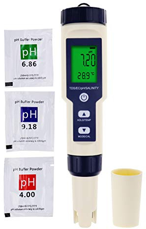 DANOPLUS 5-i-1 digital pH-mätare med TDS/EC/Salinitet/Temp-funktion, vattentät hög exakt multiparametertestare