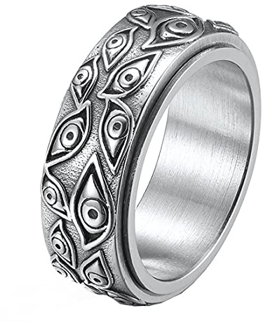 HIJONES Herren Damen Gotisch Geschnitzt Böse Auge Spinner Ring aus Edelstahl Silber Größe 62