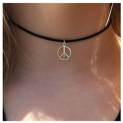 Andelaisi Boho Peace Necklace Choker Black Leather Choker Necklace Silver Love Peace Necklace Hippie Circle Pendant Necklaces Jewelry for Women and Girls