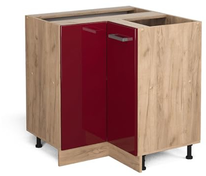 Vicco Eckunterschrank R-Line, Rot Hochglanz, 75.6 cm | Verbindet zwei Küchenseiten · Ohne Arbeitsplatte · Höhenverstellbare Füße · 1 Einlegeboden · 1 Tür