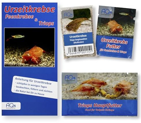Triops longicaudatus (Multicolor) Starterset, ca. 100 Eier und Futterset | Urzeitkrebs-Eier in Sand, Aufzuchtfutter, Hauptfutter und Anleitung, Nachfüllset, Triops züchten, Triopszucht, Triopseier