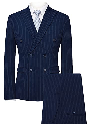Maiyifu-GJ Completo da uomo doppiopetto gessato in 2 pezzi, slim fit, elegante, blazer e pantaloni, per matrimoni e affari (blu 2, S)