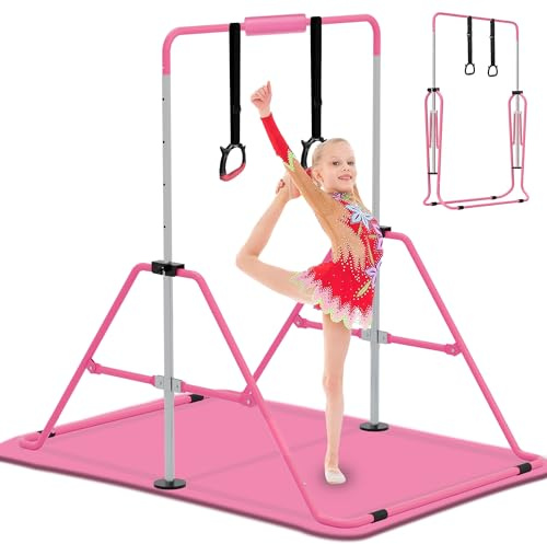 EVERYMILE Gymnastics Bars with Mat & Bar Pad Gymnastics Equipment for Home,Adjustable Height Folding Horizontal Bar with Rings