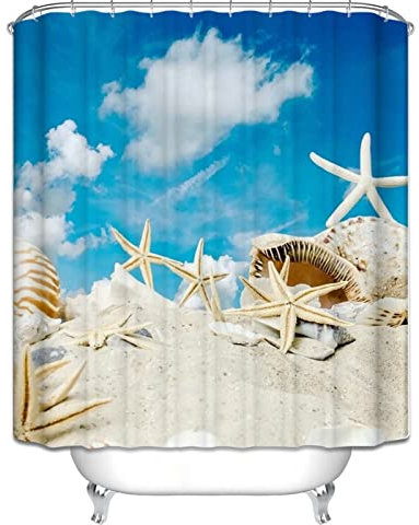 Duschvorhang Textil Badevorhang Rollo Muscheln Und Seesterne Duschvorhang Nach Maß Duschrollo Hochwertig Polyester Rostfreie Ösen Und 12 Hakenringe, 180X200Cm