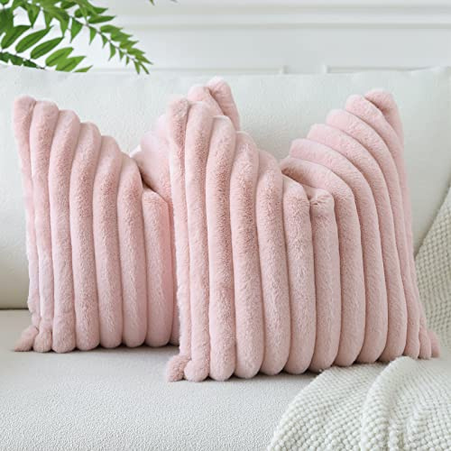 Soleebee 2er Set Plüsch Samt Kissenbezüge, Weiche Künstliche Pelz Dekorativ Kissenbezug Sofa Zierkissenbezüge Dekokissen Kissenhülle Set für Couch Schlafzimmer Zuhause Auto Dekor (50x50cm, Lederrosa)