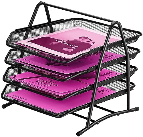 4 Tier Bandeja de Papel Organizador de Escritorio, Bandeja Escritorio Apilable, Estructura de Malla para Documentos Papeles Uso en Casa u Oficina con Deslizantes en 4 Niveles