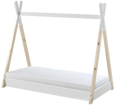 möbelando Hausbett >Tipi< in Weiß/Natur aus Massive Kiefer - 146x131x84cm (BxHxT)