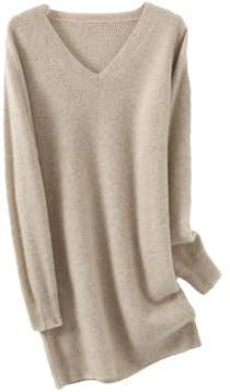 Haitpant Robe pull à manches longues 100 % laine pour femme - Automne et hiver - Chaude - Cachemire - Col en V - Robe décontractée, beige, L