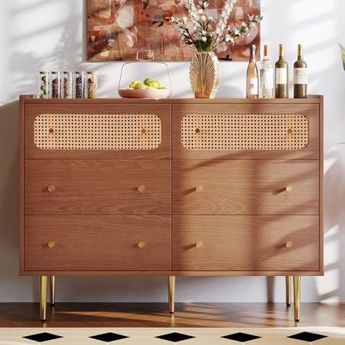 Aunvla Schubladenkommode Kommode mit 6 Schubladen, Rattan Sideboard Highboard für Schlafzimmer & alle Wohnräume, Nussbaum -H90/B120/T40 cm