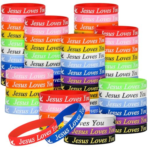 LVNRIDS 50 Stück Bibelvers Silikon Armbänder Religiöse Jesus Loves You Silikonarmbänder Gummi Elastic Armband für Männer Frauen christliche geschenke
