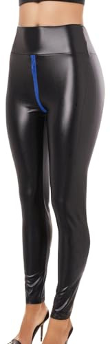 Leather Leggings for Women Faux Pants High Waisted Butt Lift Zip Open Crotch Slim Fit Full Length Tight Y2K Punk Gothic Streetwear Festival Party Night Clubwear Blue