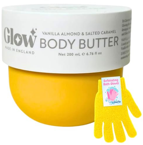 Glow Nourishing Body Butter 200ml & Exfoliating Bath Gloves Set | Firming Moisturiser for Supple & Smooth Skin | Scented Body Cream, Dry Skin, Shower Mitts, UK Made (Vanilla Almond & Salted Caramel)