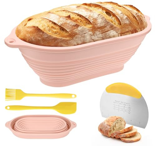 Set di cestini per lievitazione del pane in silicone, 28 cm, ovali, per lievitazione del pane naturale, con raschietto, spazzola e spatola, per la cottura del pane in cucina, panettieri (rosa)