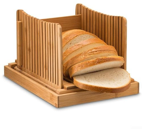 Trancheuse à pain pliable en bois, guide de tranchage du pain réglable avec plateau ramasse-miettes, planche à découper pour pain fait maison (horizontale)