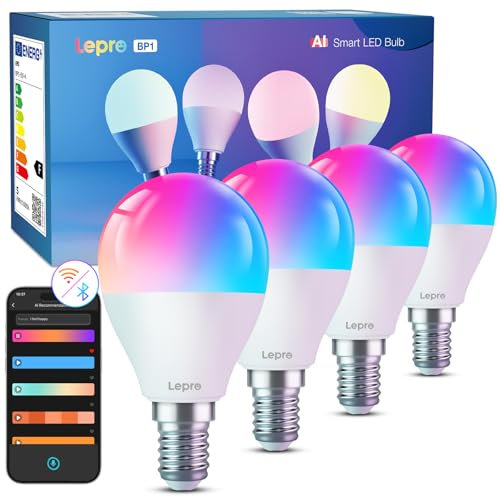 Lepro AI Smart Glühbirne BP1, G45 E14 LED Lampe Dimmbar 4.9W 470LM RGB+CCT, Personalisierter KI-Lichtdesigner mit Sprachsteuerung/Musik Sync, Kompatibel mit Alexa/Google, WiFi & Bluetooth, 4 Stück