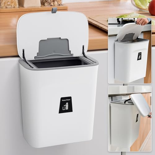 Warmiehomy 9L Kitchen Bin Hanging Trash Can with Lid, White | Pressure Ring for Fixing Bin Liners, Hanging Waste Rubbish Bin with Hidden Scraper, Sliding Cover, For Cupboard, Bathroom