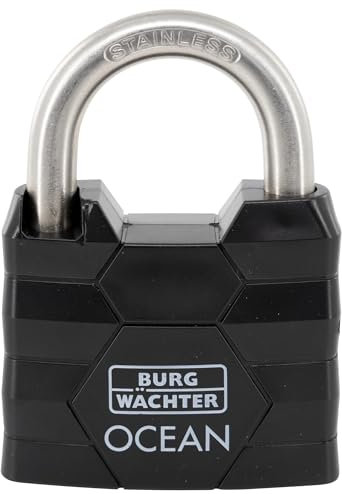 BURG-WÄCHTER Ocean 490 Ni 50 SB - Lucchetto con 2 chiavi, spessore 8 mm, resistente all'acqua di mare, corpo in ottone massiccio, doppio blocco, colore: Nero