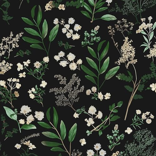 Laatse Dark Floral Wallpaper Peel and Stick Green Leaf Wallpaper Vintage Flowers Contact Paper Waterproof Self Adhesive Boho Delicate Wall Paper for Cabinet Kitchen Walls Locker 17.5in x32.8ft