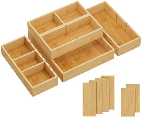 Lifewit 5er-Set Schubladen Organizer mit 6 Einsätzen, Verstellbare Aufbewahrungsbox mit 11 Fächern, Schubladenteiler aus Holz für Küchenutensilien, Make-up, Schmuck, Büro, Badezimmer