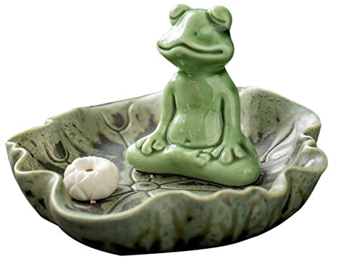 Alipis Ceramic Incense Frog with Lotus Leaf Tray - Incense Stick Holder for Home Decor Meditation Aromatherapy and Lucky Frog