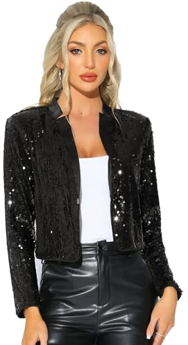 Allegra K Kort kavaj med paljetter, fest, långärmad, öppen framsida, glittrande glitter, Svart, M