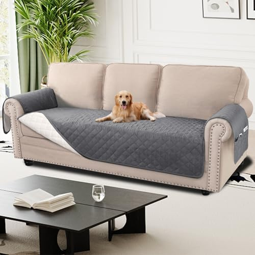 H.Versailtex Sofa Cover 3 Seater 100% Waterproof Sofa Slipcovers for Living Room, Non Slip Sofa Covers with Side Pocket, Washable Sofa Protectors from Pets/Kids/Dogs (3 Seater, Grey)