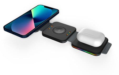 3-in-1 Folding Wireless Charger 22 – 15W Fast Charging Station for iPhone, Smart Watch, Bluetooth Earbuds & Android devices, Qi-Certified, Portable Design, Durable ABS+PU Leather Finish