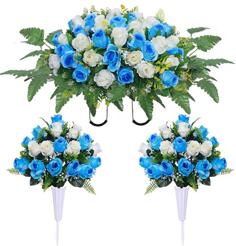 Lodou Artificial Cemetery flowers for grave,Rose Headstone Flower Saddle,Cemetery Memorial Flowers with Vase for Outdoor Grave Tombstone Decorations 3Pack (Blue White)