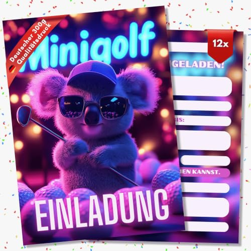HIDEBLOOM Minigolf Einladungskarten Kindergeburtstag Junge und Mädchen - 12 Stück - DIN A6 (10,5 cm x 14,8 cm) - Geburtstagseinladungen Mädchen Schwarzlichtminigolf - Einladungskarten Minigolf Koala