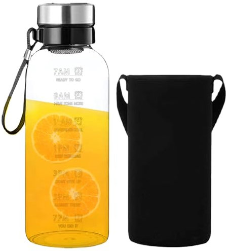 HoveeLuty Water Bottle with Time Marker 2l Clear High Borosilicate Glass Water Bottles with Lanyard, Sleeve & Removable Filter Leakproof Dishwasher Safe Bottle for Home, Office, Sports Glass