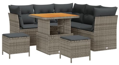 vidaXL 8-teiliges Garten-Sofa-Set mit Kissen in Grau aus Poly-Rattan und Akazie – Moderne Außensitzmöbel für Terrasse und Balkon. Wetterfest, ideal für den Sommer und entspannte Stunden.