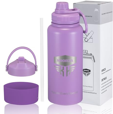 NOORZA Botella isotérmica 32 oz (950 ml) – Libre de BPA – Acero inoxidable doble pared – 2 tapas impermeables – Guardia de bebidas calientes y frías – Deporte, Oficina, Viajes, Senderismo Violeta