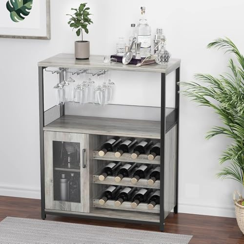 Salutmeuble Armoire de Bar à Vin à 3 Niveaux, avec Casier à Vin Amovible et Espace de Rangement, Armoire de Buffet avec Porte en Verre et Porte en Filet, pour la Cuisine, Le Salon et Le Bar (Gris)