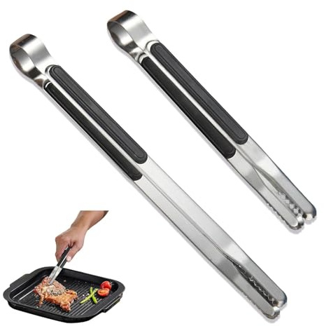 2 Pcs Kitchen Tongs Set - Cooking Tweezers, 9 & 12 Inch Silicone Tip Stainless Steel Cooking Tongs, Multipurpose Tweezer Food Tongs for BBQ, Grilling, Serving Salad & Air Fryer