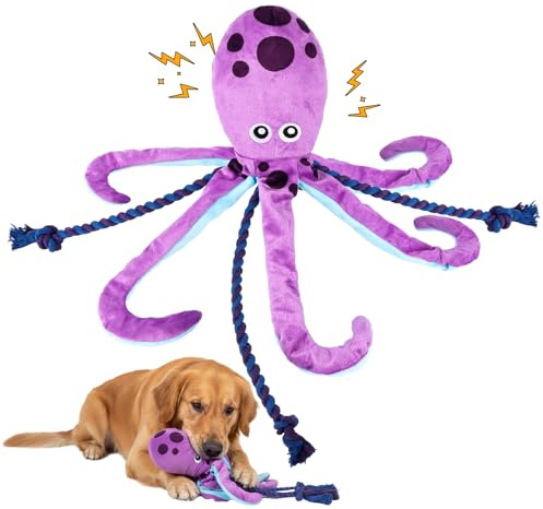 Baumwollseil interaktives Spielzeug kein stopfendes Crinkle-Plüsch-Hundespielzeug Hunde-Quietschspielzeug Krake Hund Squeaky Kauspielzeug für kleine, mittlere, große Rasse, Krake Spielzeug (Lila)