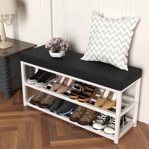 Shoe Bench, 3-Tier Shoe Rack for Entryway, Storage Organiser with PU Cushioned Seat, Metal Frame, odern Entryway Bench and Shoe Storage for Living Room, Hallway, 89 * 45 * 29 cm, White and Black