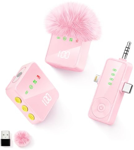 Bayanbulu Pink Wireless Lavalier Microphone for iPhone, Android, Cameras | Mini Mic for Video Recording, Clip on Dual Mics, Noise Reduction, 3-in-1 receiver, for Podcast Vlog YouTube Tiktok 2 Pack