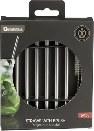 Pailles en Inox Réutilisables – Lot de 6 Pailles en Acier Inoxydable avec Brosse de Nettoyage – Argent – Pour Cocktails & Boissons