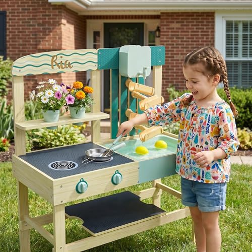 Mainely TOPBRIGHT Cucina Matsch personalizzabile per bambini all'aperto con serbatoio dell'acqua e accessori in legno – Giocattolo da giardino per bambini a partire dai 3 anni, giocattolo all'aperto
