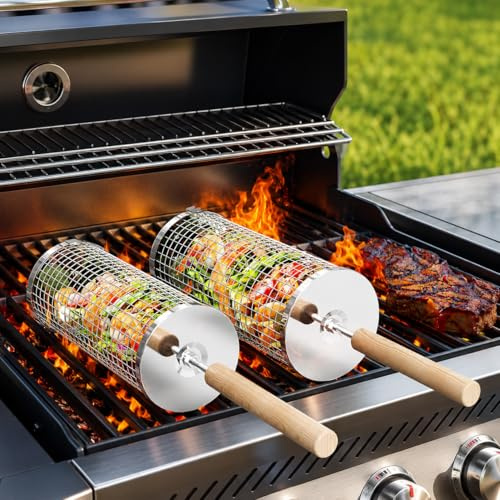 FLEEFLY Rollender Grillkorb, 2er SET Abnehmbarer Holzgriff, Edelstahl 304, Outdoor Küche Grill Zubehör für Gemüse, Garten Camping Gadgets für Gasgrill, Geschenke Geburtstagsgeschenk für Männer Papa