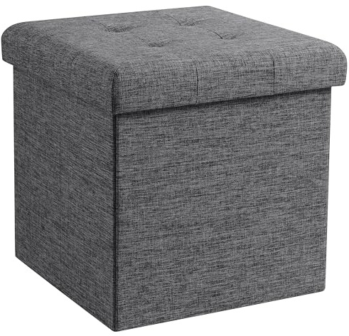 Ornavo Home 15 Inch Folding Storage Ottoman Cube, Tufted Linen, Dark Gray