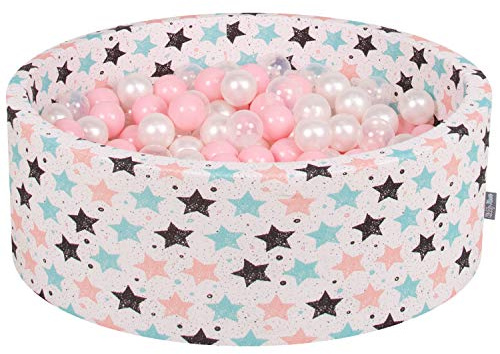 KiddyMoon Rund Bällebad Bällepool 90X30cm/200 Bälle ∅ 7Cm Sterne-Muster Ballgruben Für Babys Spielbad Kleinkinder, Hergestellt In Der EU, Ecru: Rose/Perle/Transparent