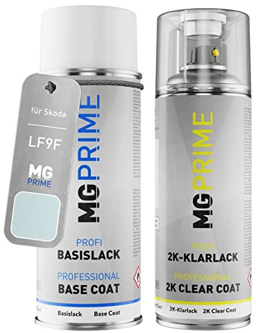 MG PRIME Autolack Spraydose für Skoda LF9F / J3 Laser White + 2K-Klarlack | Laser Weiss, Set aus Basislack + 2K Klarlack, Sprühdosen 400ml