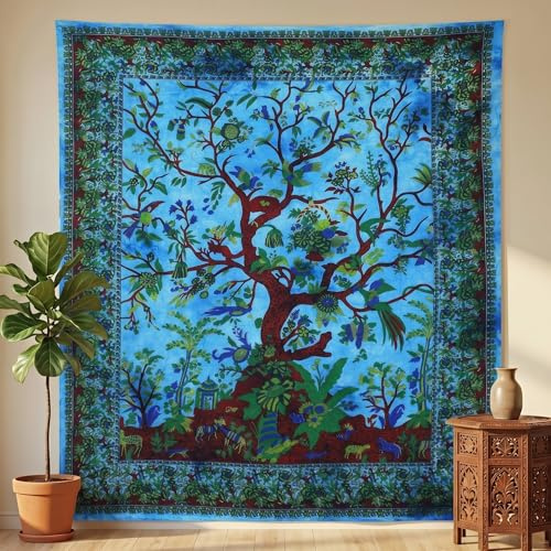 THE ART BOX Wandteppich Türkis Baum des Lebens Wandbehang Psychedelische Wandteppiche Indische Baumwolle Twin Tagesdecke Picknickplatte Wanddekor Decke Wandkunst (Twin, 82x54 Zoll)