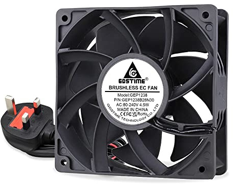 GDSTIME 120mm 240V Cooling Fan 120mm x 38mm 220V 230V AC EC Axial Fan | UK Fused Plug, Dual Ball Bearing, 116.6 CFM Airflow for Computer Cabinet PSU Cooler Replacement