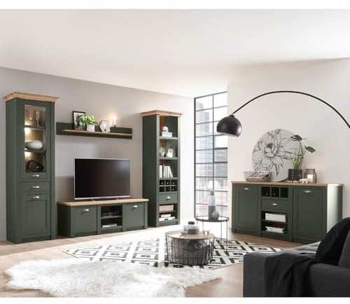 Lomadox Landhaus Wohnwand Set mit Anrichte, grün mit Wotan Eiche, mit Beleuchtung, Regalschrank, Standvitrine, TV-Lowboard, Wandregal und Sideboard